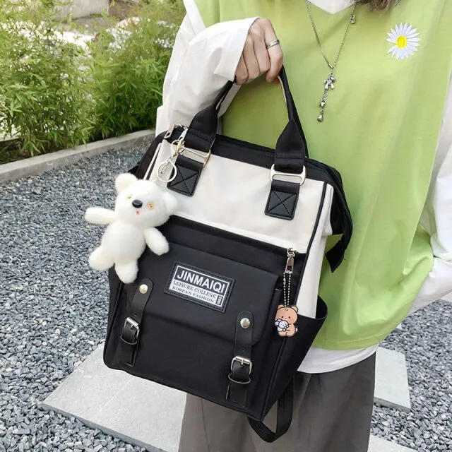 5Pcs set Women Backpack Canvas Waterproof School Bags For Teenage Girls Kawaii Doll Student Shoulder Bag New Female Backpack