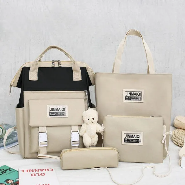 5Pcs set Women Backpack Canvas Waterproof School Bags For Teenage Girls Kawaii Doll Student Shoulder Bag New Female Backpack