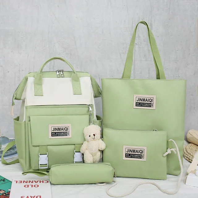 5Pcs set Women Backpack Canvas Waterproof School Bags For Teenage Girls Kawaii Doll Student Shoulder Bag New Female Backpack
