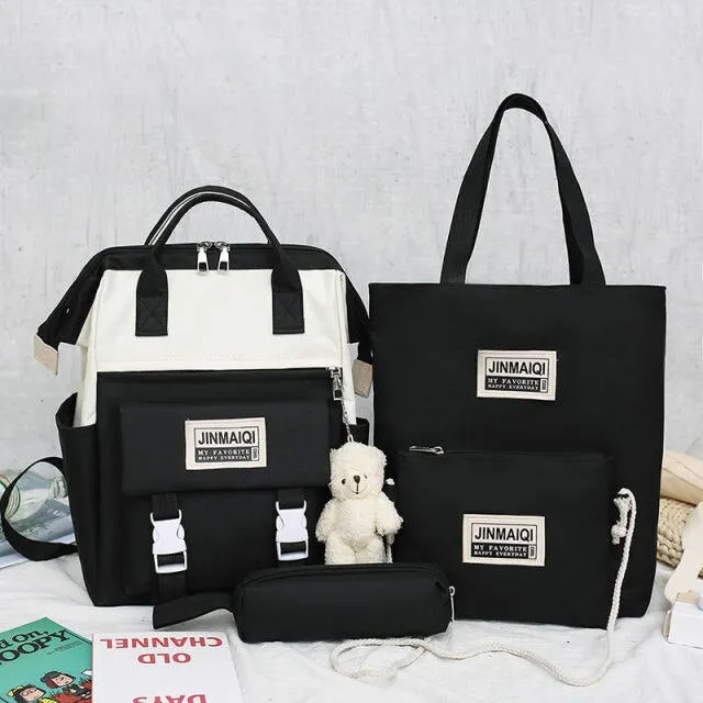 5Pcs set Women Backpack Canvas Waterproof School Bags For Teenage Girls Kawaii Doll Student Shoulder Bag New Female Backpack