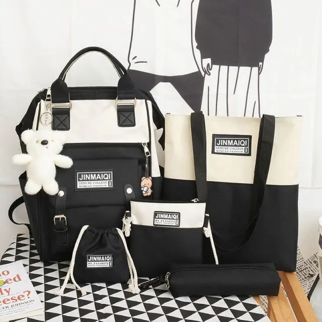 5Pcs set Women Backpack Canvas Waterproof School Bags For Teenage Girls Kawaii Doll Student Shoulder Bag New Female Backpack