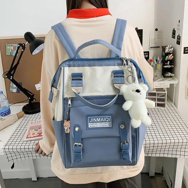 5Pcs set Women Backpack Canvas Waterproof School Bags For Teenage Girls Kawaii Doll Student Shoulder Bag New Female Backpack