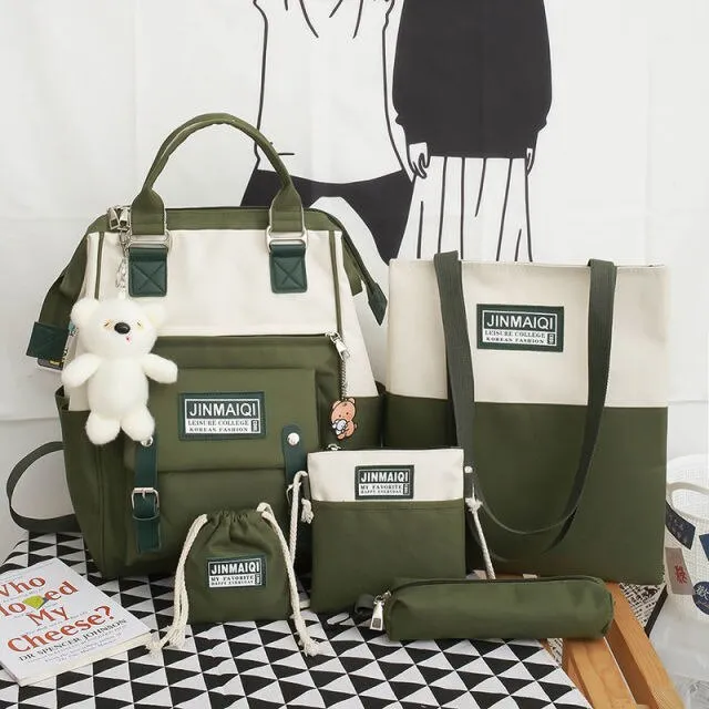 5Pcs set Women Backpack Canvas Waterproof School Bags For Teenage Girls Kawaii Doll Student Shoulder Bag New Female Backpack