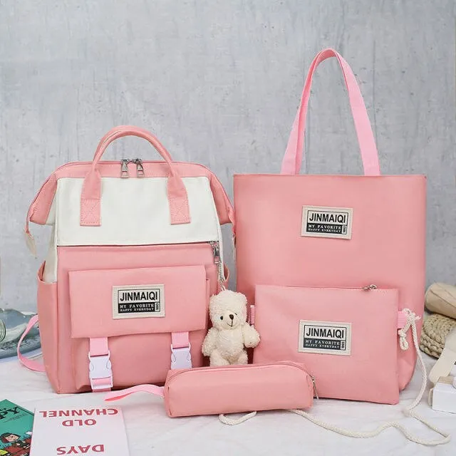 5Pcs set Women Backpack Canvas Waterproof School Bags For Teenage Girls Kawaii Doll Student Shoulder Bag New Female Backpack
