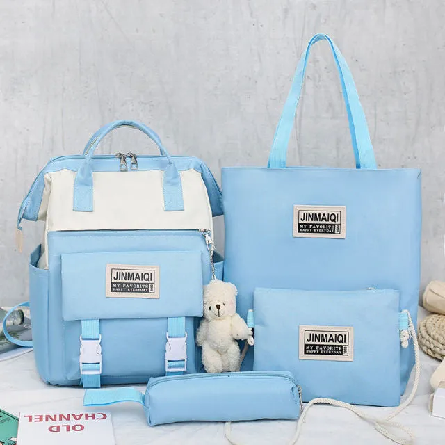 5Pcs set Women Backpack Canvas Waterproof School Bags For Teenage Girls Kawaii Doll Student Shoulder Bag New Female Backpack