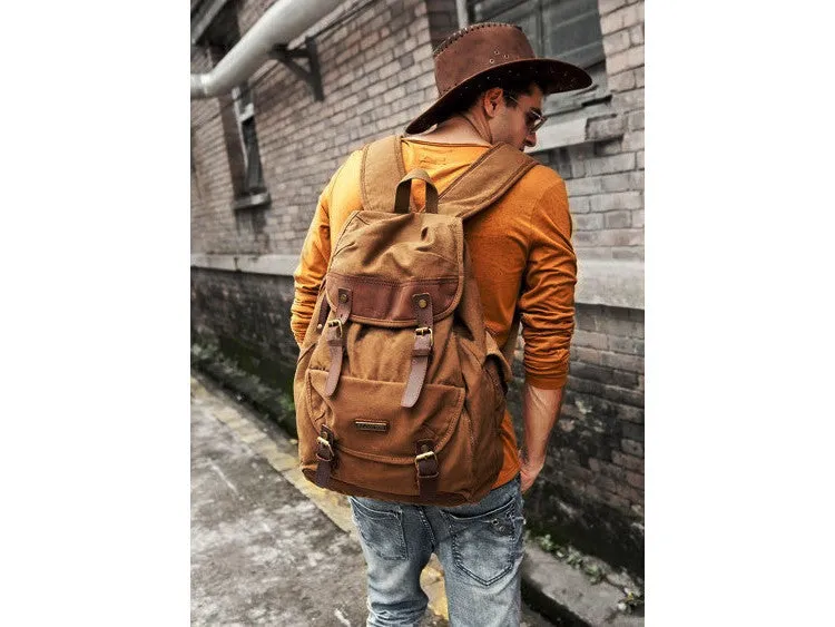 Brown Canvas  & Leather Casual Travel Rucksack Backpack