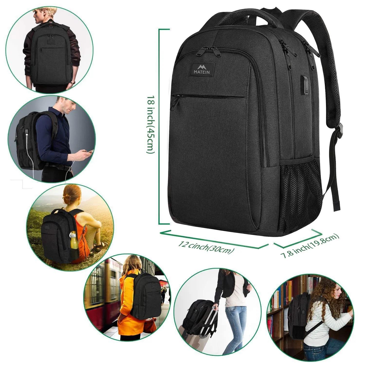Business Travel Backpack, Matein Laptop Backpack with USB Charging Port for Men Womens Boys Girls, Anti Theft Water Resistant College School Bookbag Computer Backpack Fits 15.6 Inch Laptop Notebook