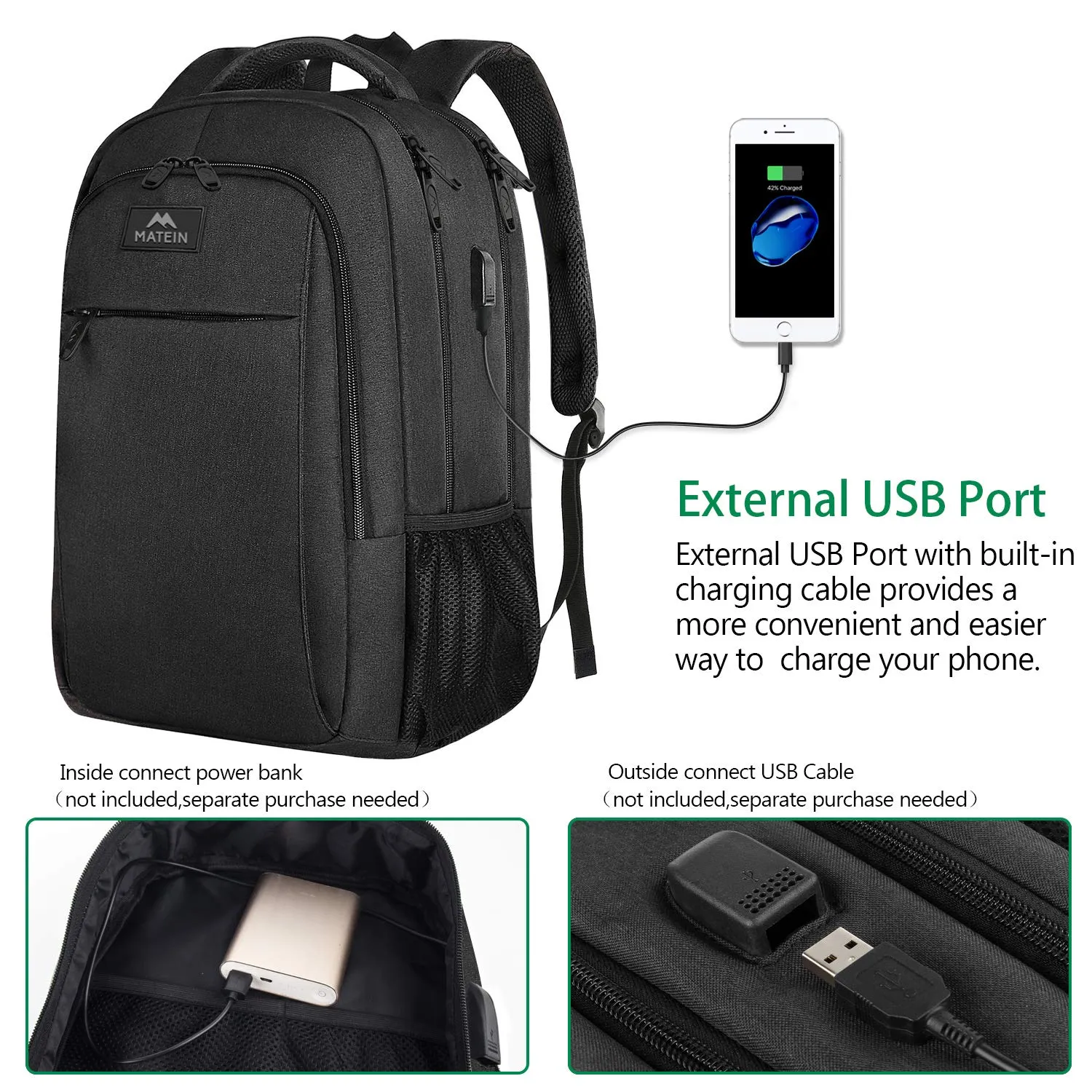 Business Travel Backpack, Matein Laptop Backpack with USB Charging Port for Men Womens Boys Girls, Anti Theft Water Resistant College School Bookbag Computer Backpack Fits 15.6 Inch Laptop Notebook