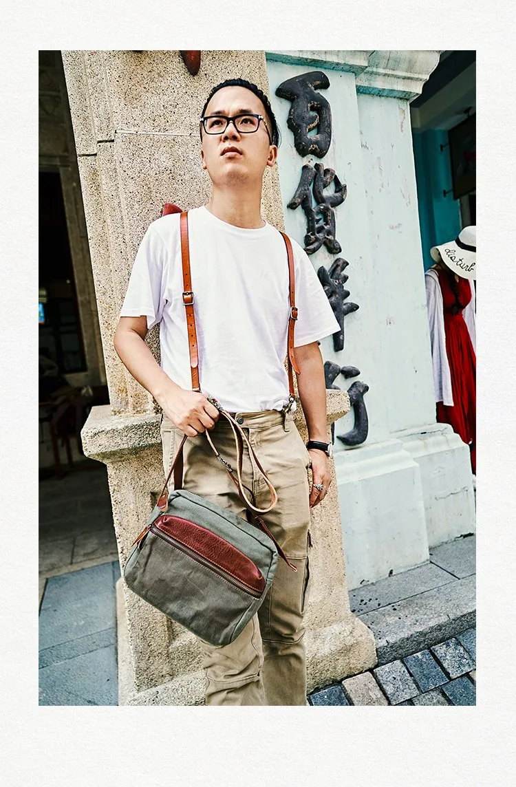 Canvas Mens Small Green Side Bag Canvas Messenger Bags Canvas Travel Courier Bag for Men
