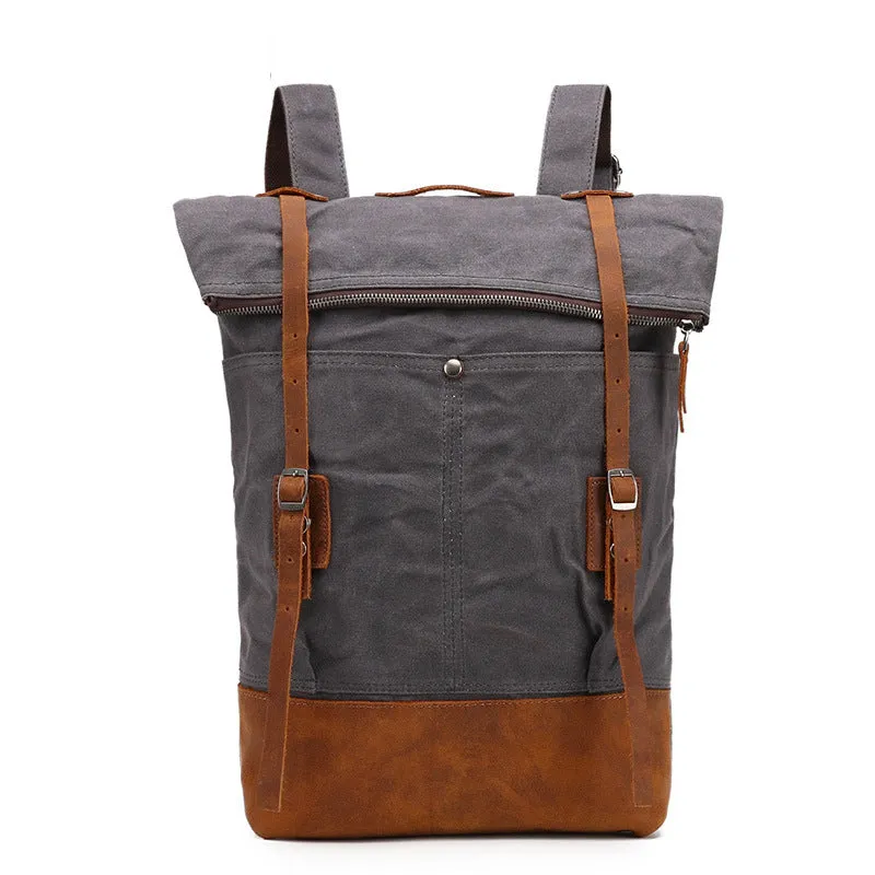 Canvas With Leather Casual Backpack, Waterproof School Bag, Travel Backpack