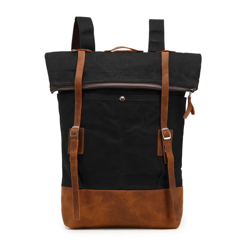 Canvas With Leather Casual Backpack, Waterproof School Bag, Travel Backpack