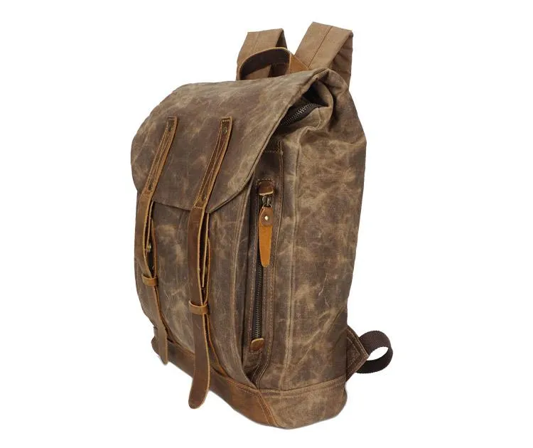 Casual Men's Waxed Canvas Brown School Travel Backpack Laptop Backpack For Men
