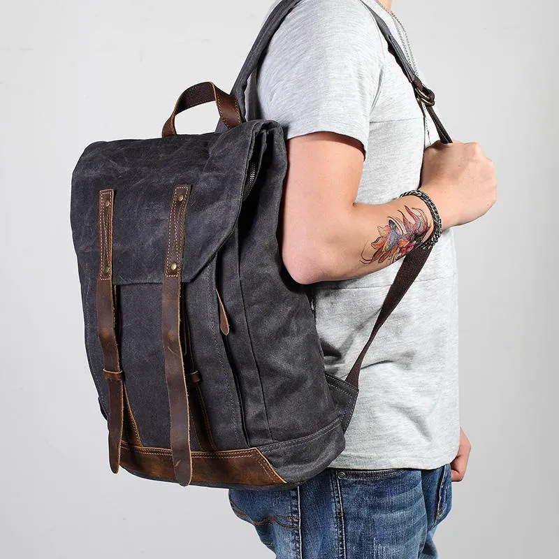 Casual Men's Waxed Canvas Brown School Travel Backpack Laptop Backpack For Men