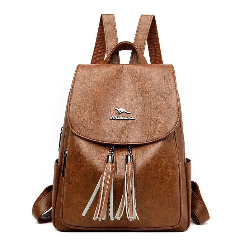 Christmas Gift NEW Double Tassels Women Leather Backpacks High Quality Female Backpack Casual Daily Bag Ladies Bagpack Travel School Back Pack
