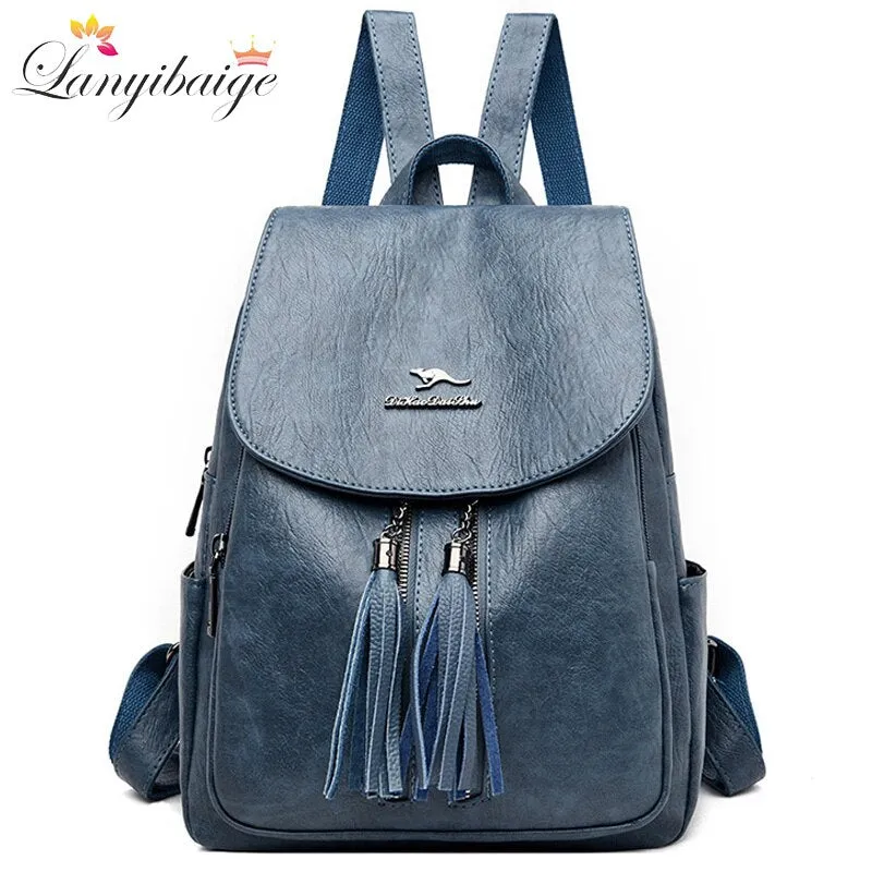 Christmas Gift NEW Double Tassels Women Leather Backpacks High Quality Female Backpack Casual Daily Bag Ladies Bagpack Travel School Back Pack