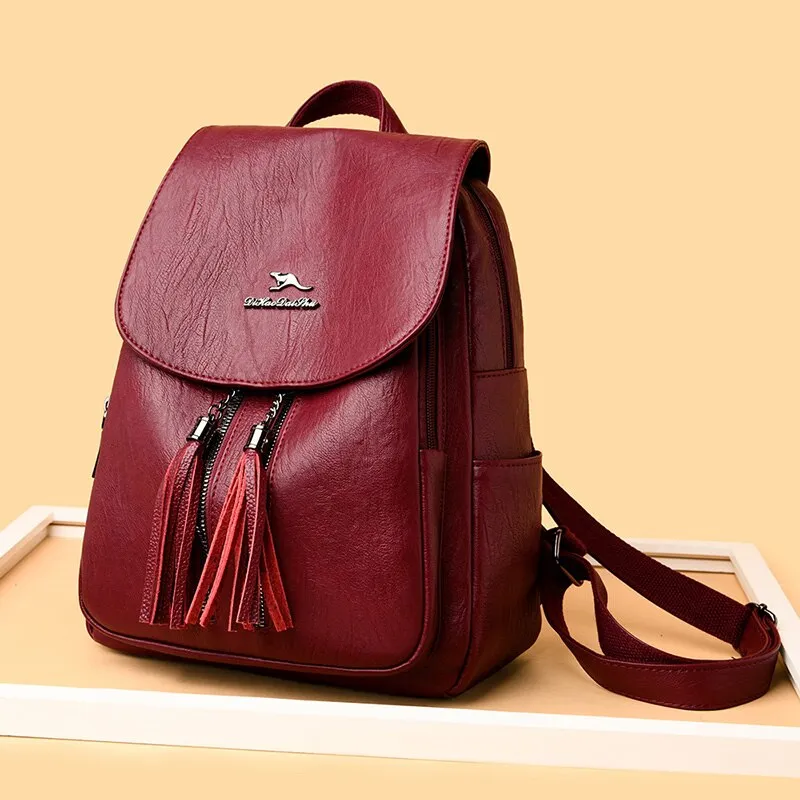 Christmas Gift NEW Double Tassels Women Leather Backpacks High Quality Female Backpack Casual Daily Bag Ladies Bagpack Travel School Back Pack