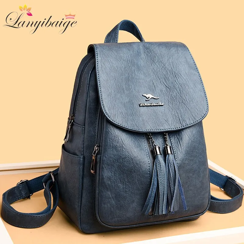 Christmas Gift NEW Double Tassels Women Leather Backpacks High Quality Female Backpack Casual Daily Bag Ladies Bagpack Travel School Back Pack