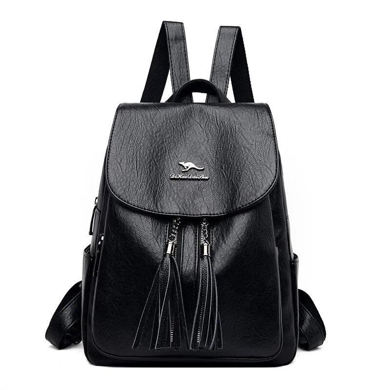 Christmas Gift NEW Double Tassels Women Leather Backpacks High Quality Female Backpack Casual Daily Bag Ladies Bagpack Travel School Back Pack
