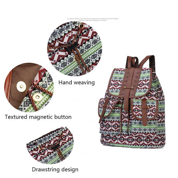 Circular Pattern Bohemian Style Canvas Backpack - Vintage Tribal Pattern Travel Bag with Leather Straps