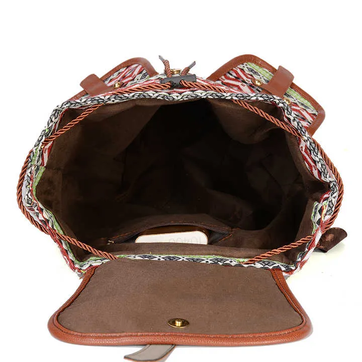 Circular Pattern Bohemian Style Canvas Backpack - Vintage Tribal Pattern Travel Bag with Leather Straps