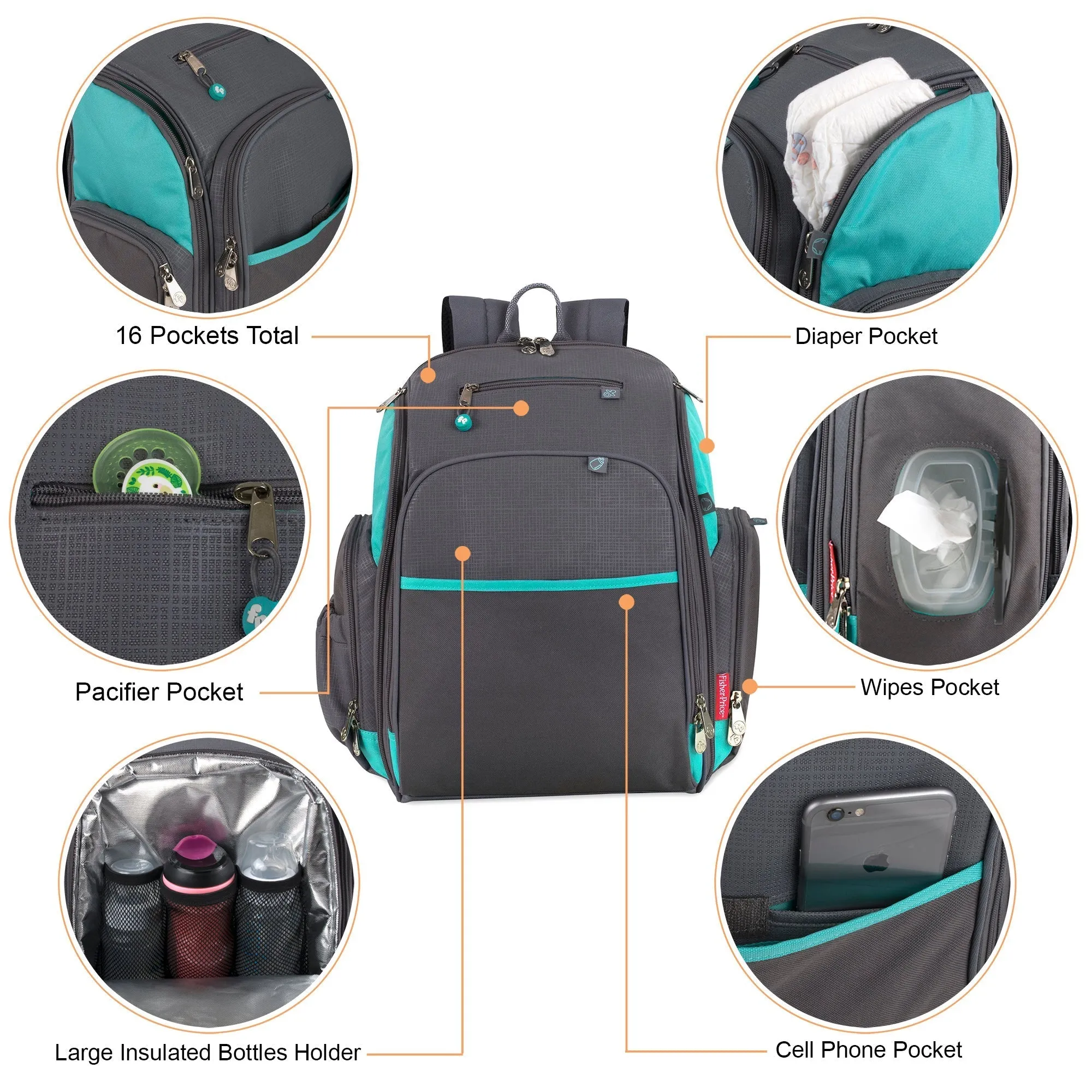 Fisher-Price Fastfinder Multi-Pocket Diaper Bag Backpack  -Teal & Grey