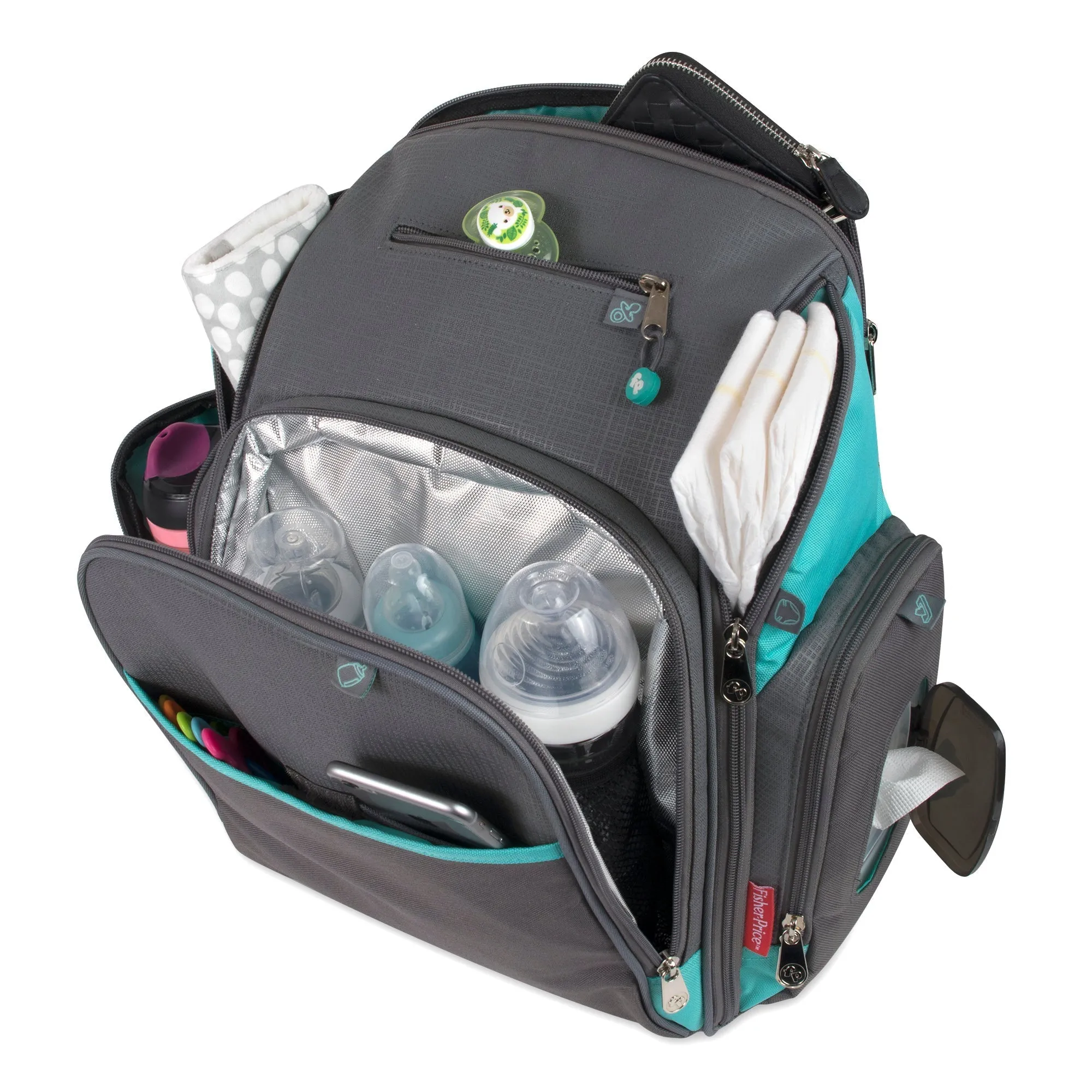 Fisher-Price Fastfinder Multi-Pocket Diaper Bag Backpack  -Teal & Grey