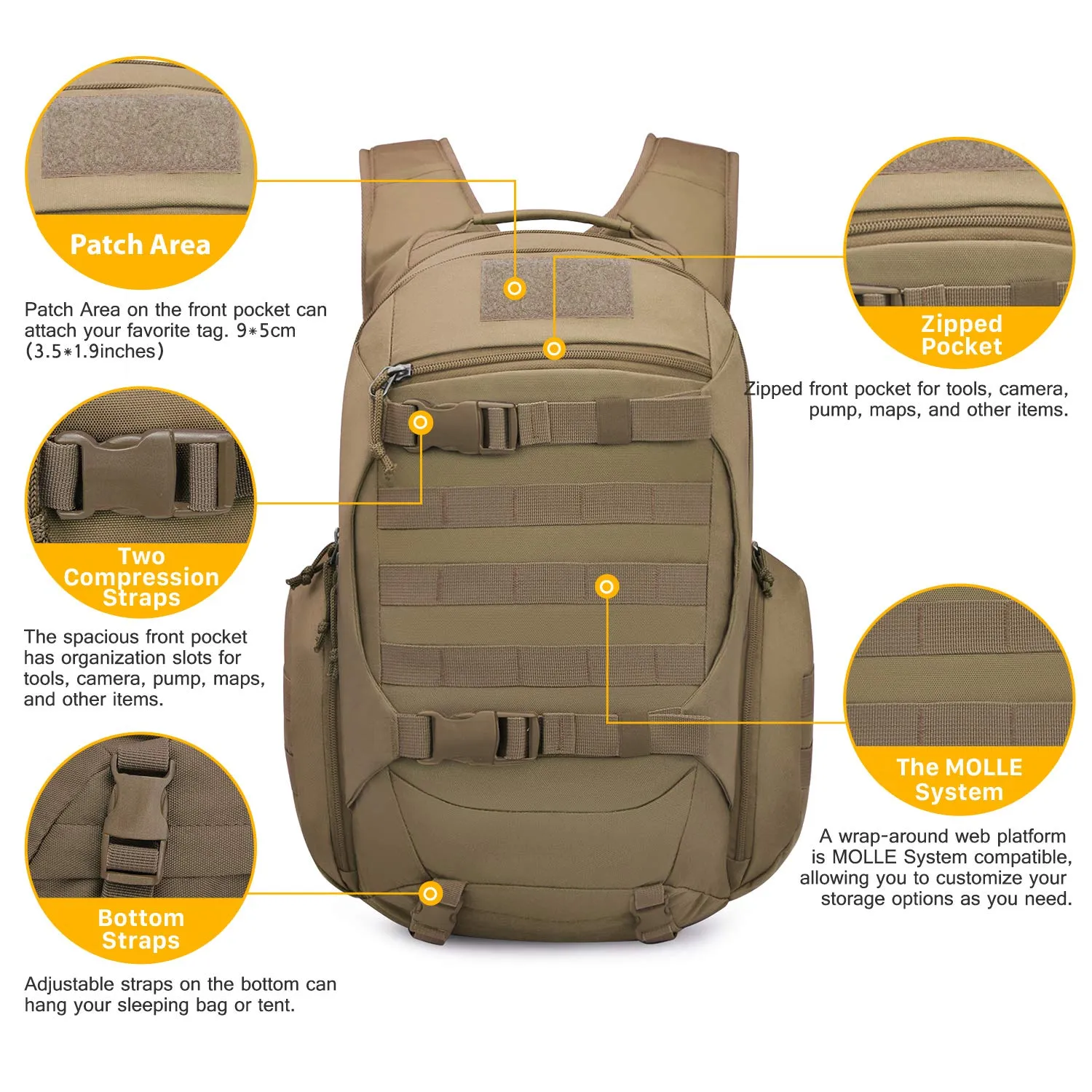 Mardingtop 28L Tactical Backpacks Molle Hiking daypacks for Camping Hiking Military Traveling 28L-Khaki