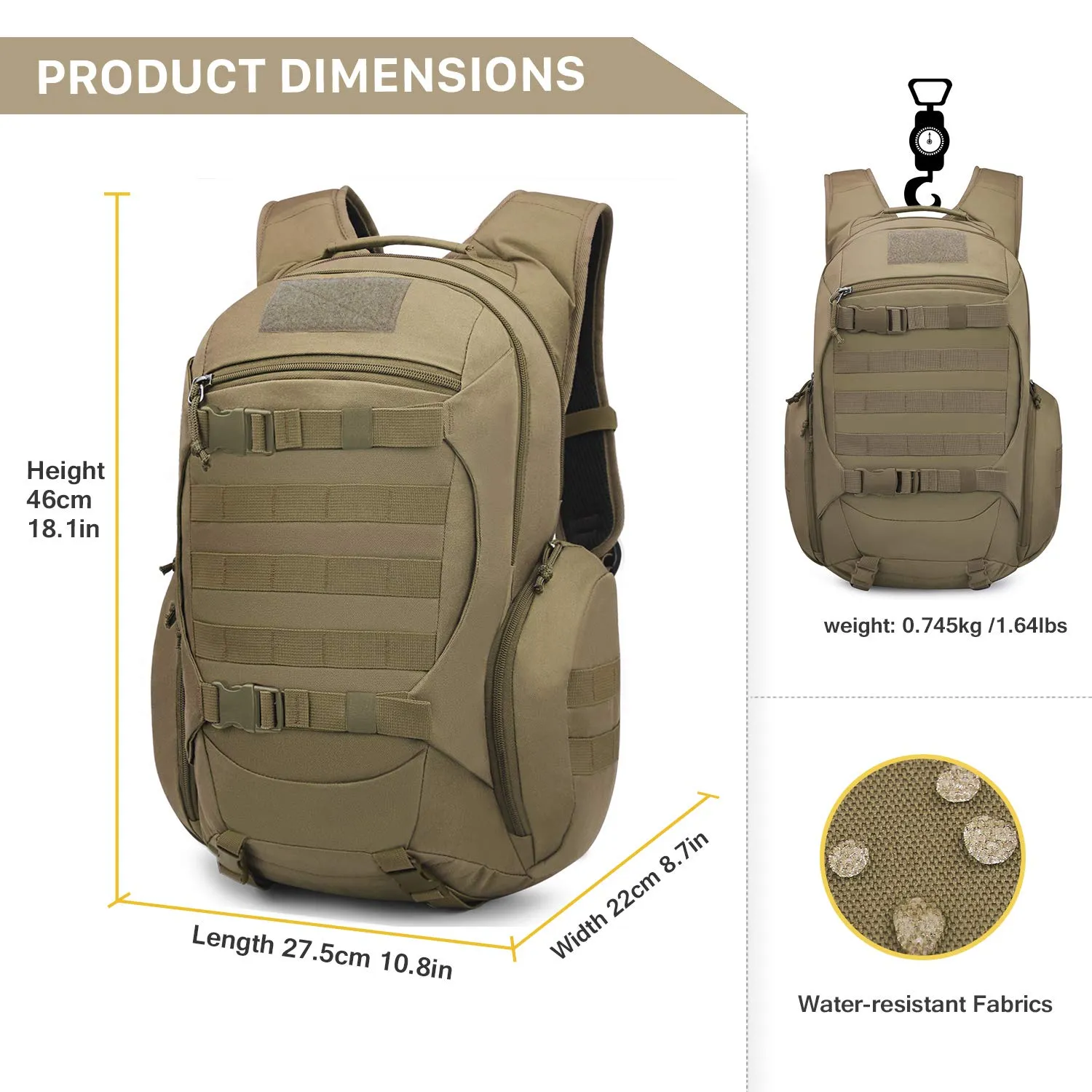 Mardingtop 28L Tactical Backpacks Molle Hiking daypacks for Camping Hiking Military Traveling 28L-Khaki