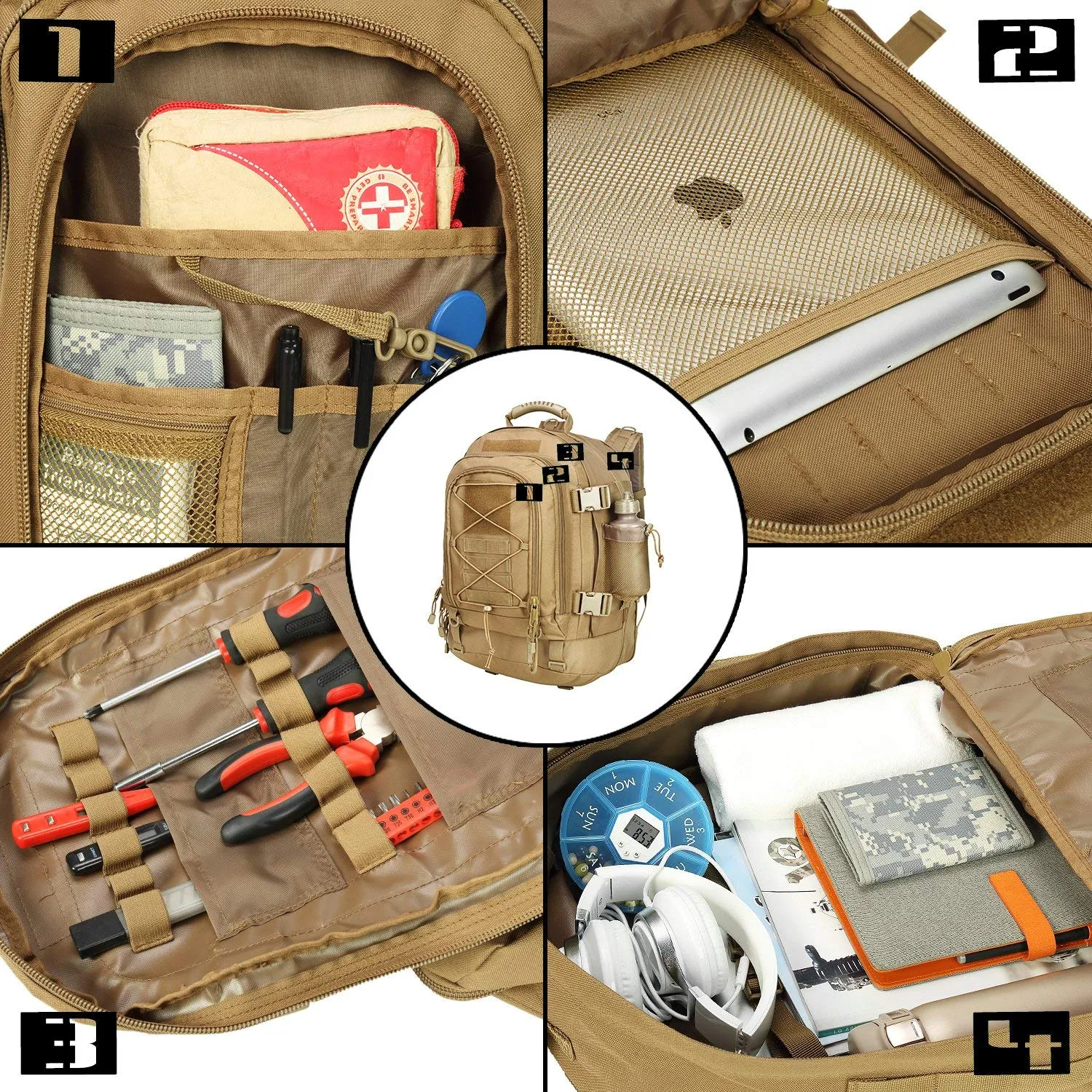 Military Expandable Travel Backpack Tactical Waterproof Work Backpack for Men(TAN)