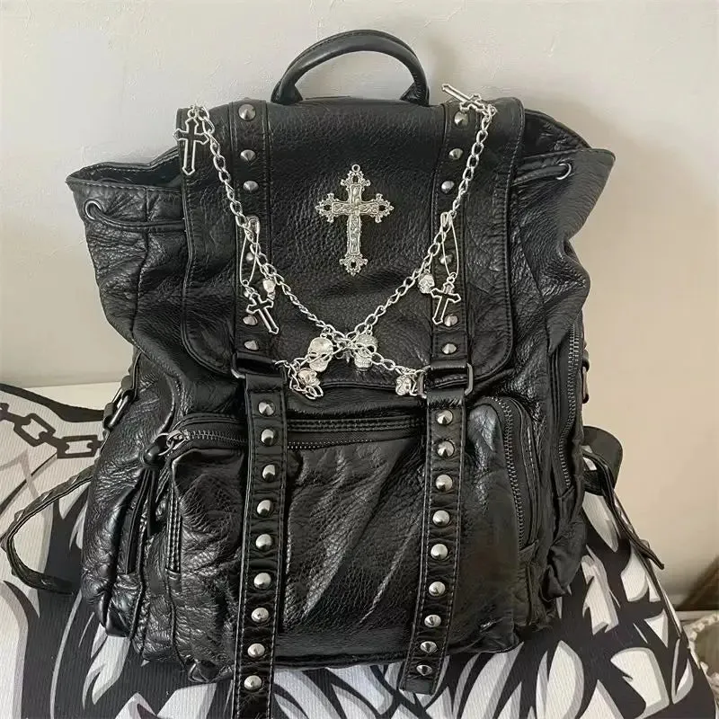 Sohiwoo Grunge Rivet Y2k Backpack Women Gothic Subculture Punk Cross Black Mochila Ladies Vintage Harajuku Backpacks Aesthetic