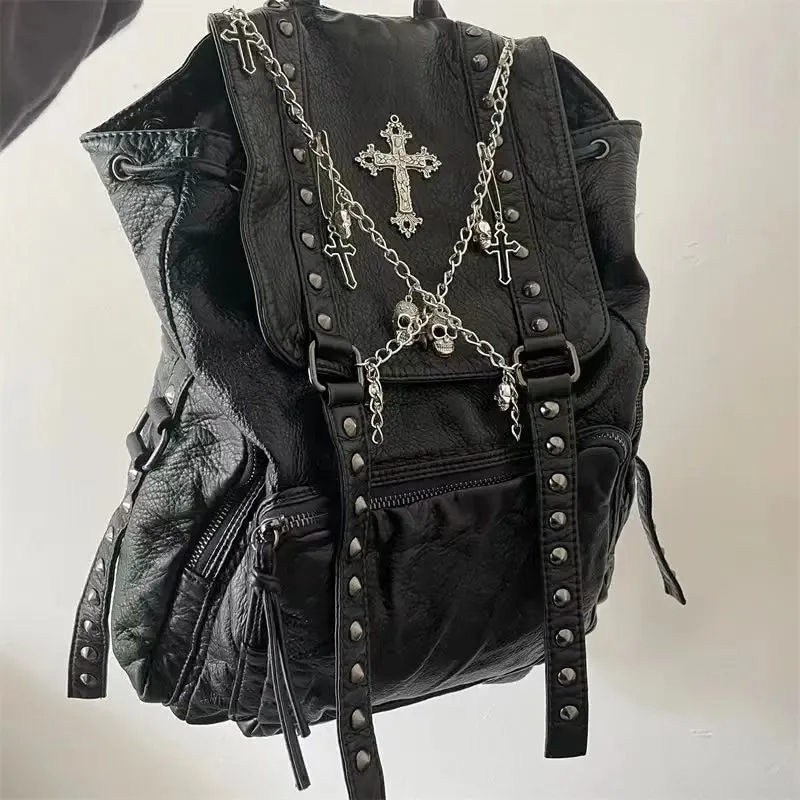 Sohiwoo Grunge Rivet Y2k Backpack Women Gothic Subculture Punk Cross Black Mochila Ladies Vintage Harajuku Backpacks Aesthetic