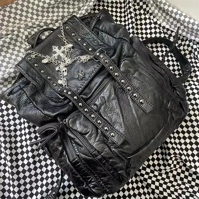 Sohiwoo Grunge Rivet Y2k Backpack Women Gothic Subculture Punk Cross Black Mochila Ladies Vintage Harajuku Backpacks Aesthetic