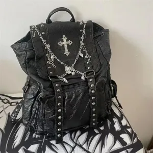 Sohiwoo Grunge Rivet Y2k Backpack Women Gothic Subculture Punk Cross Black Mochila Ladies Vintage Harajuku Backpacks Aesthetic