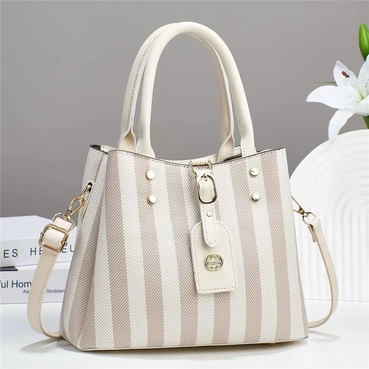 Striped Lambskin Satchel blue and white